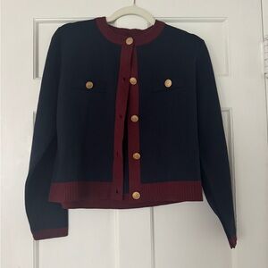 NWOT Zara Navy and Burgundy Cardigan with Gold Buttons
